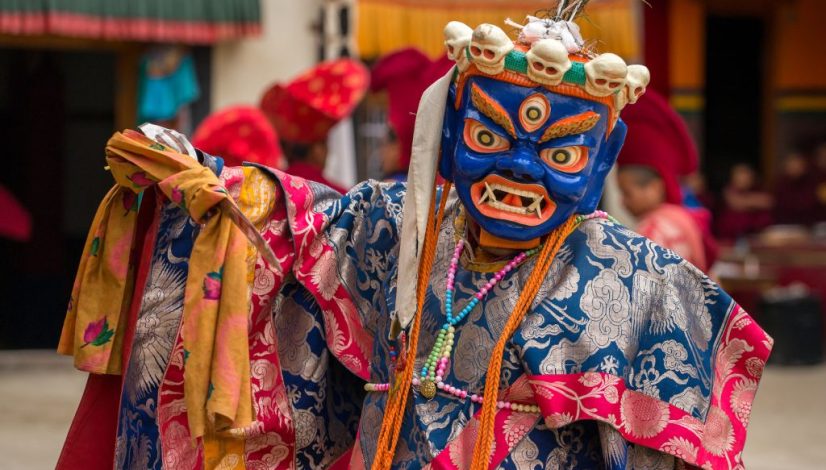 Lamayuru, India - June 21, 2017: Unidentified monk in mask perfo